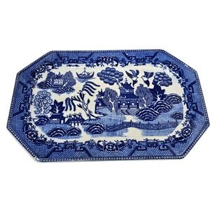 Vintage Cobalt Blue Willow Serving Platter Japan White Chinoiserie Tray Oriental